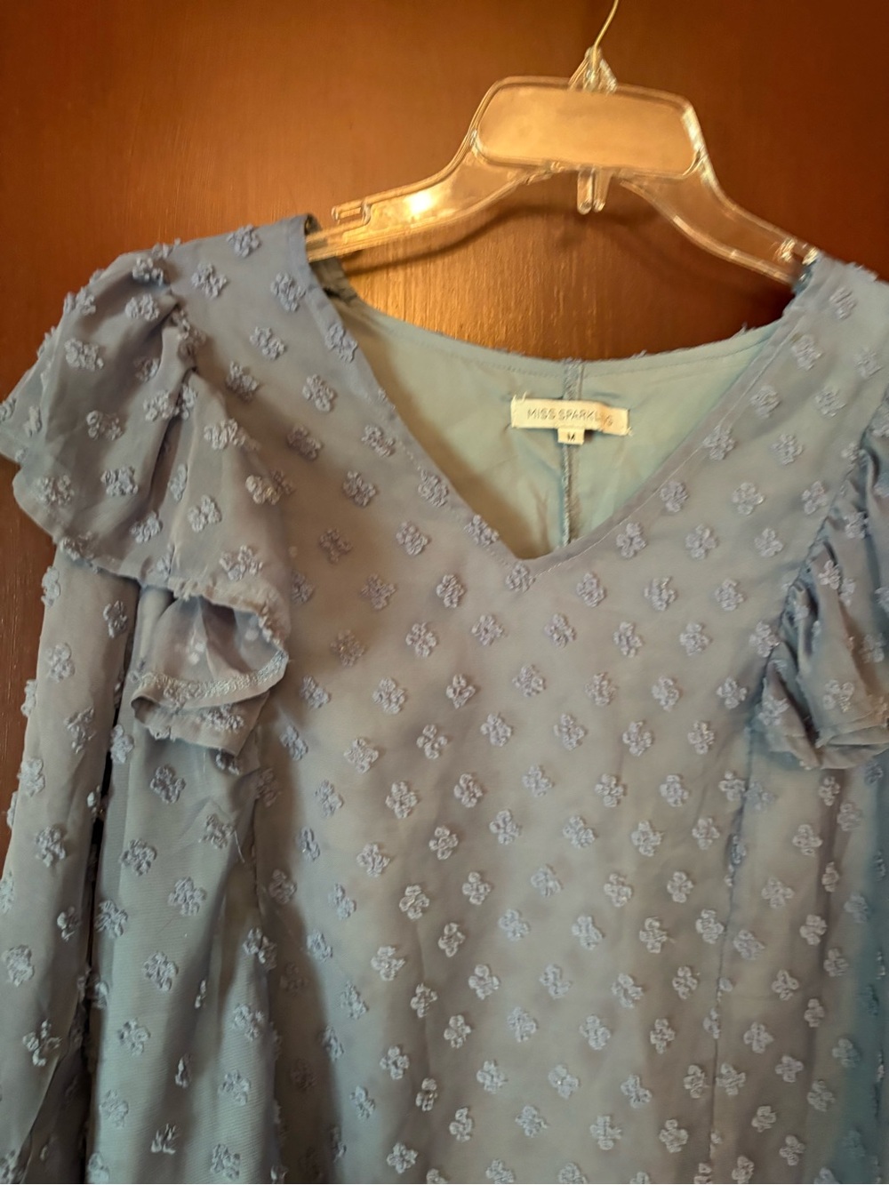 Blue Swiss Dot Ruffle long Sleeve top Medium - Picture 6 of 8